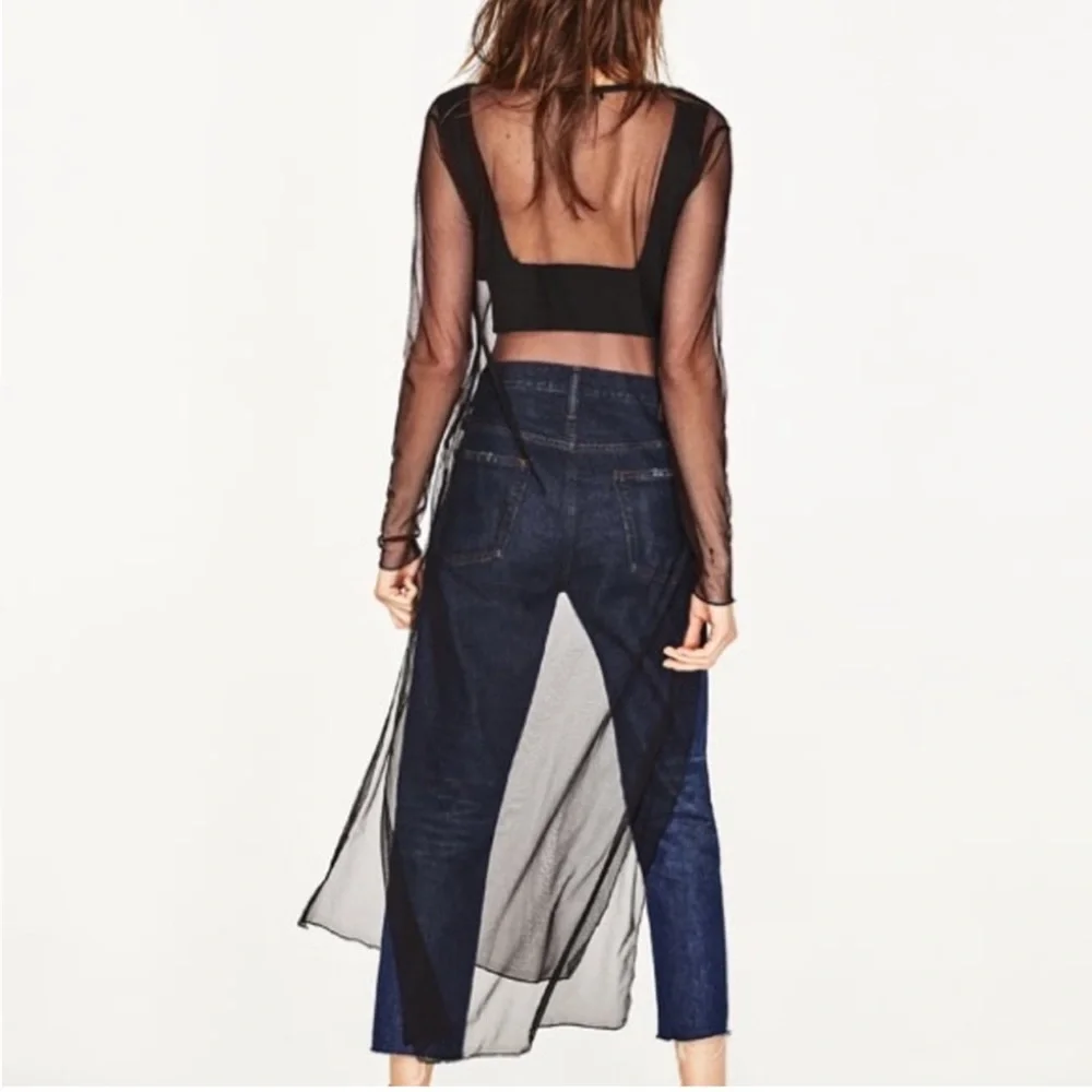 ZARA EMBROIDERED FLORAL TULLE OVERLAY DRESS BLACK SHEER LONG SIZE S FIT M NWOT - Picture 4 of 9